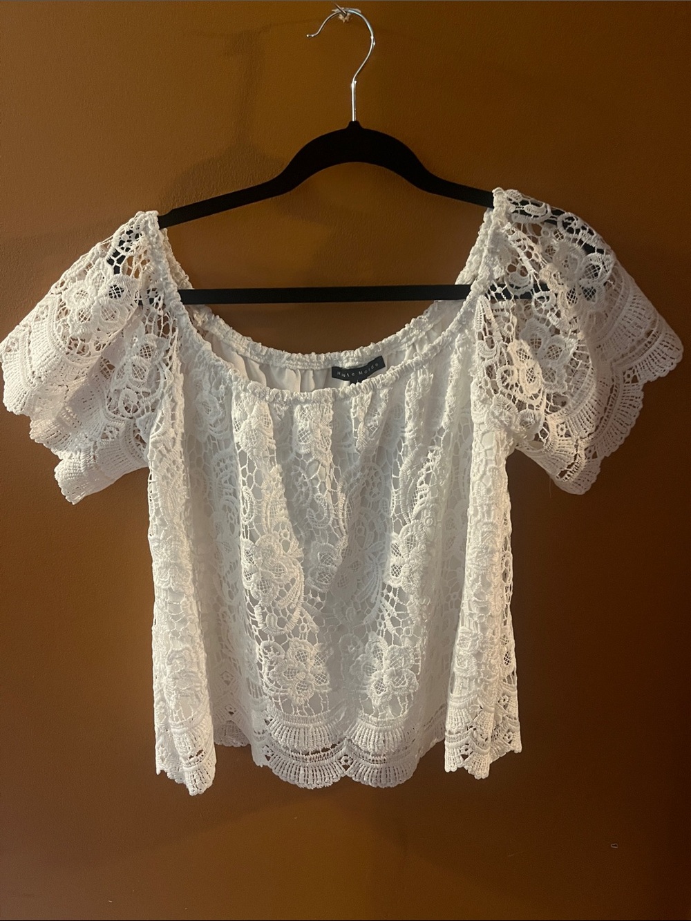 Haute Monde White Crochet Lace Off-Shoulder Top with Flutter Sleeves
